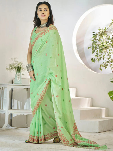 Glamorous Light Green Digital Printed Linen Traditional Saree With Blouse
